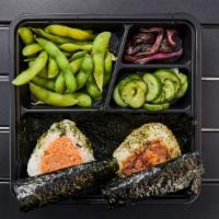Bento Box · Comes with edamame and Japanese pickles, with your choice of 2 omusubi and 1 side.