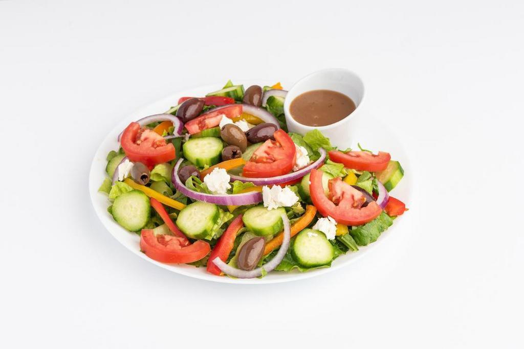 Mediterranean Salad · Romaine lettuce, tomato, red onion, feta cheese, black olives, cucumber, bell peppers. Balsamic vinaigrette on side.