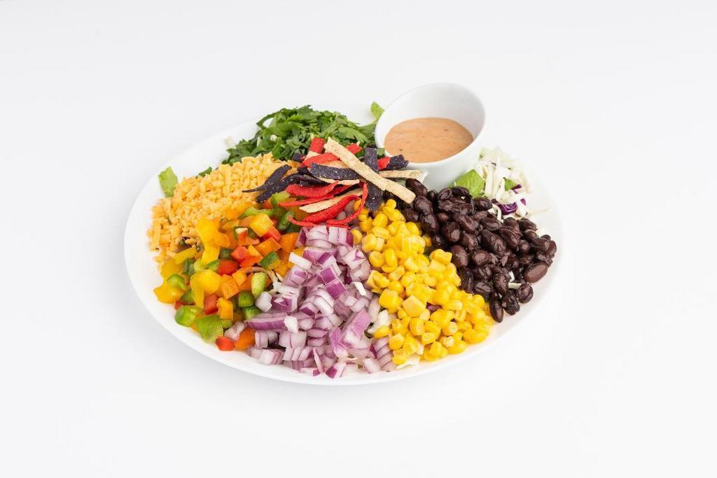 Southwestern Salad · Romaine lettuce and cabbage mix, black beans, corn, tomato, bell pepper, red onion, cilantro, cheddar cheese, tortilla strips. Southwestern dressing on side.