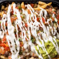 Large Asada Loaded Fries · Golden crispy fries loaded with asada topped with onions, cilantro, pico, guacamole, and sou...