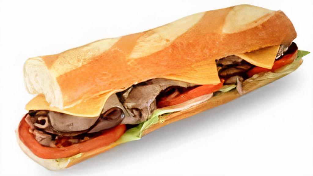 Roast Beef & Cheese Baguette Sandwich · Served on a ten-inch baguette. Includes cheese (your choice), lettuce, tomato, and mayonnaise. Dill pickle spear, pepperoncini, onions, and mustard served on the side.