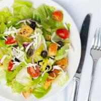 Italian Garden Salad · Artisan romaine, grape tomato, red onion, pepperoncini, black olives, mozzarella,  herbed cr...