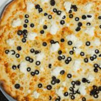 Black And White Pizza · No sauce, mozzarella cheese, ricotta cheese, olives, roasted garlic, basil.