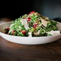 Kale & Quinoa Salad · Organic kale, quinoa, red grapes, red bell pepper, sunflower seeds, Parmesan cheese in a lem...