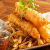 Fish & Chips · Beer-battered Alaskan cod, thin fries, malt vinegar aioli, and cocktail sauce.