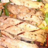 Grilled Chicken Salad  · (Grilled Chicken, Cheese, Tomatoes, Cucumbers, Hard Boiled Egg over Iceberg Lettuce with 4 o...