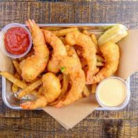 Shrimp Basket · Hand-battered shrimp, BATTERED FRIES, parsley, house-sriracha sauce