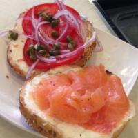Nova Lox Bagels · Direct from Brooklyn, ACME Nova Lox, whipped cream cheese, tomato, capers and red onion on a...