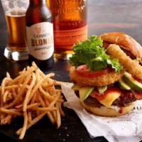 Widow Maker Burger · Smoked bacon, onion rings, avocado, American and Cheddar cheese, shredded lettuce, tomato, m...