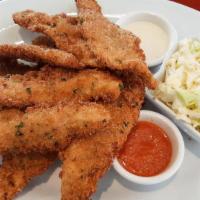 Chulla’S Chicken Strips 8 Pieces · Breaded chicken in coastal spices, coleslaw, w/ side of fries and Ranch & Ketchup.
