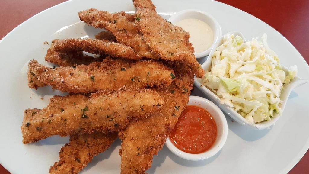 Chulla’S Chicken Strips 8 Pieces · Breaded chicken in coastal spices, coleslaw, w/ side of fries and Ranch & Ketchup.