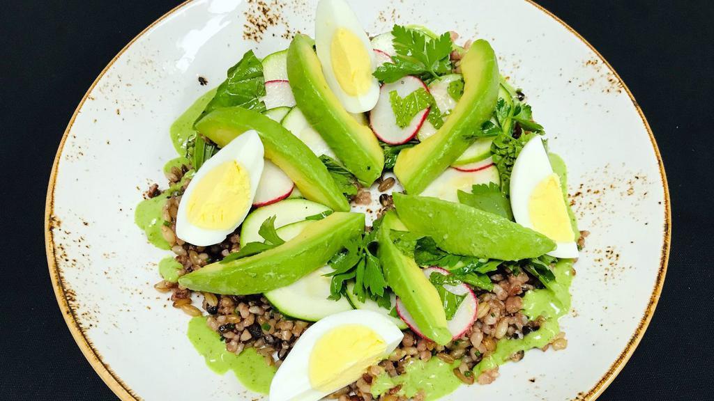 Green Goddess Grain Bowl · farro, quinoa, hard-cooked egg, organic baby spinach, avocado, pickled red onion, cucumber, turmeric daikon, herb salad