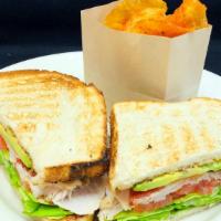 Roasted Turkey & Avocado Club · 1100 / 740cals. natural turkey, bacon, lettuce, tomato, peppercorn aïoli, toasted country br...