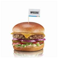 Impossible Burger · Impossible burger, cheddar cheese, red onion, lettuce, tomato, pickles, built sauce, served ...