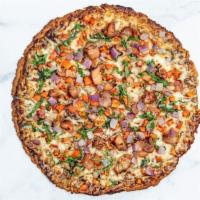 Bbq Chicken Pizza · Reduced fat mozzarella cheese, housemade BBQ sauce, marinated chicken, diced tomatoes, red o...