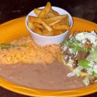 Sope Kids · The sope includes beans, lettuce, pico de gallo, cheese, rice, beans, and fries on the side.