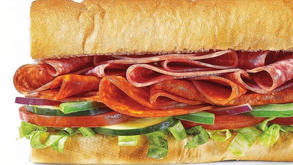 Spicy Italian Footlong Pro (Double Protein) · Our Spicy Italian sandwich is a combo of pepperoni and Genoa salami. Pile on cheese, crunchy veggies, and finish it with your favorite sauce. Or don't. Your call.