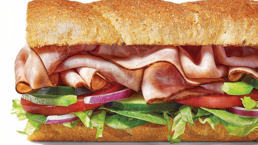 Black Forest Ham Footlong Pro (Double Protein) · Our Black Forest Ham sandwich is a true classic. We add lettuce, baby spinach, cucumbers, green peppers and red onions to our delicious, thin-sliced ham and serve it on our Hearty Multigrain bread. Want cheese? Just ask.