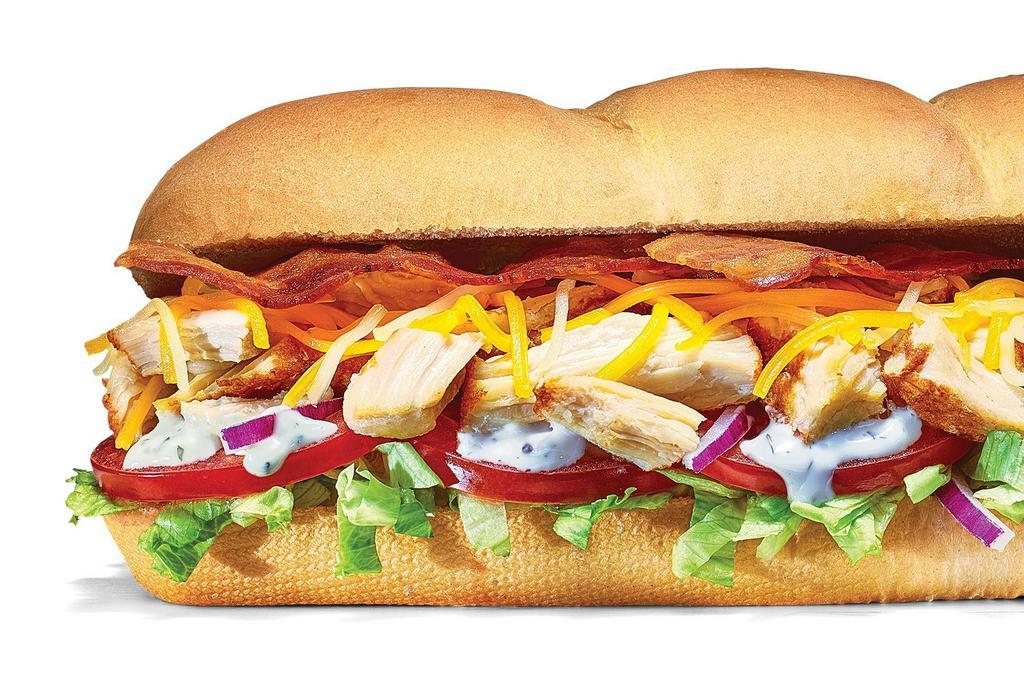 Chicken & Bacon Ranch Footlong Regular Sub · What do you get when you mix juicy Rotisserie-Style Chicken, melty Monterey Cheddar Cheese, NEW Hickory-Smoked Bacon, and our creamy NEW Peppercorn Ranch? Your sandwich happy place.