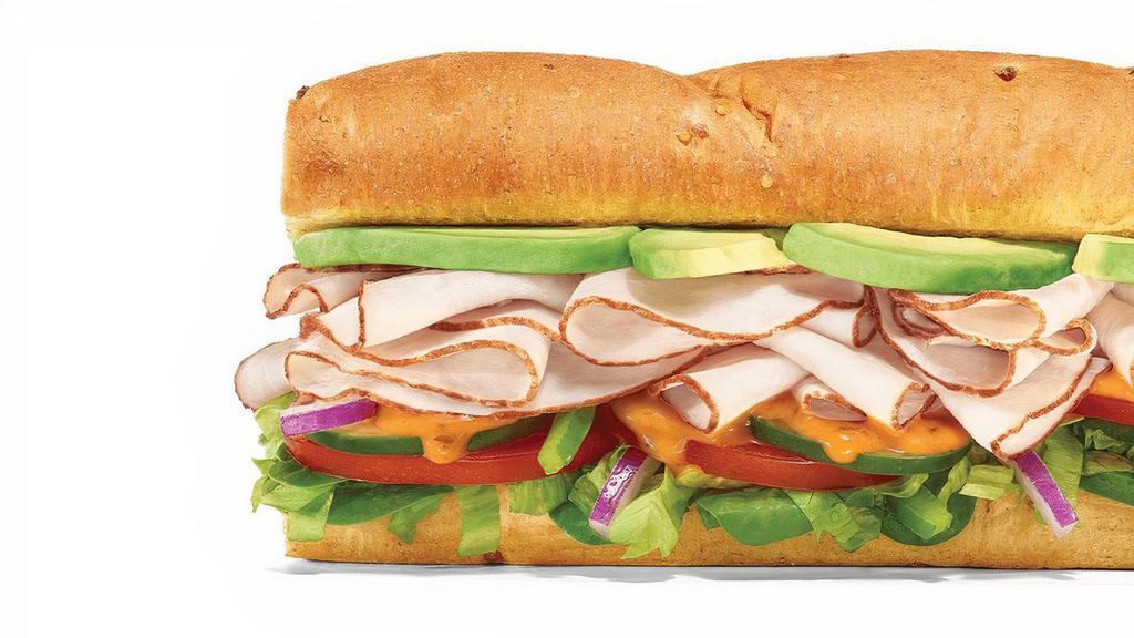 Baja Turkey With Sliced Avocado 6 Inch Regular Sub · Oven-Roasted Turkey, Sliced Avocado, and crisp veggies, topped with Baja Chipotle sauce: this one is all about that bold, smoky and spicy flavor!