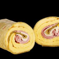 Black Forest Ham, Egg & Cheese Wrap · Helllooo delicious! Enjoy a Spinach wrap filled with American cheese and a double portion of...