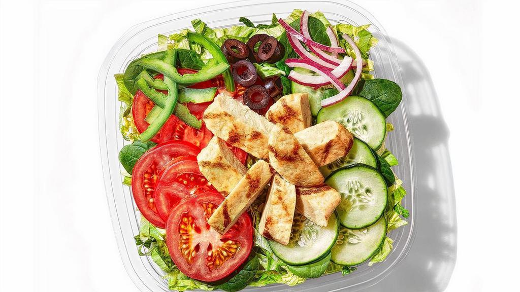Oven Roasted Chicken · The Oven Roasted Chicken salad has warm, savory chicken tossed together with crisp greens and any veggies you want.  Your favorite sandwich, just in salad form.