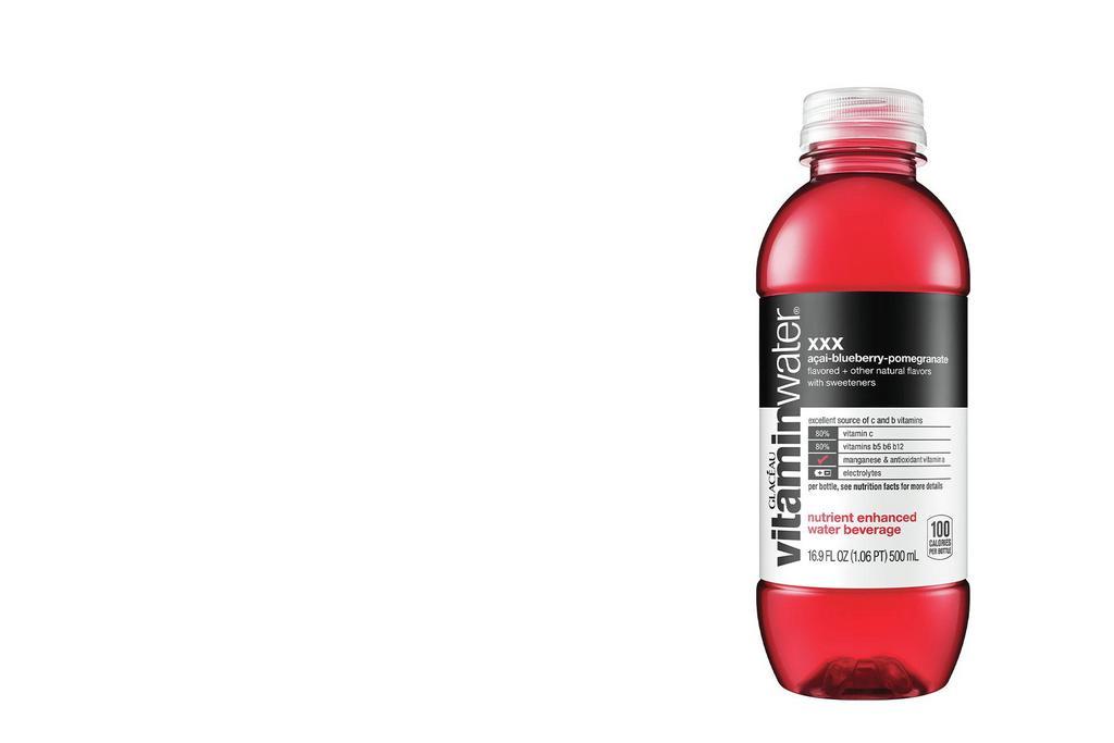 Vitamin Water® Xxx · Delicious taste of açai-blueberry-pomegranate flavor with other natural flavors.. Vitamin and nutrient-enhanced water beverage with electrolytes and other good stuff.. With three types of antioxidants to help fight free radicals: vitamin-a, vitamin-c and selenium. plus a great source of vitamin b5, vitamin b6, and vitamin b12.