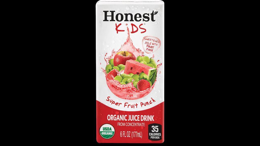 Honest Kids® Super Fruit Punch · Grape, strawberry, apple, watermelon juices and other ingredients unite to truly pack a punch.. USDA organic certified. Sweetened only with fruit juice. No added sugar. No artificial sweeteners. No high fructose corn syrup. Gluten free. No GMOs.