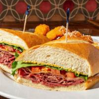 Hot Pastrami · Lean pastrami with sharp Swiss, spicy horseradish mayo, lettuce, tomato, and spicy brown mus...