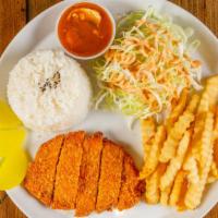 Pork Cutlet Combo · French fries, salad, and rice are included.