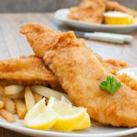 Two Piece Fish Dinner · Two fresh fish fillets, cornmeal battered and fried until crispy and golden. Served with hou...