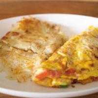 Bacon Omlette  · 3 Eggs, Bacon, Onion, Bell Pepper, Tomato
Includes: Hash browns & Toast