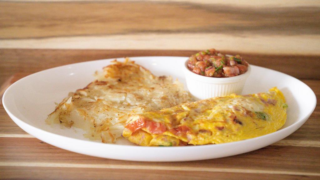Sausage Omlette  · 3 Eggs, Sausage, Onion, Bell Pepper, Tomato
Includes: Hash browns & Toast