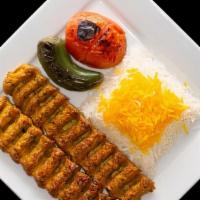 Chicken Luleh Kebab · Two skewers of ground up chicken thigh seasoned with parsley, onion and traditional spices s...