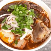 Bún Bò Huế · Spicy Beef Noodle Soup with Pork and Beef Slices, Vietnamese Meatloaf, Blood Cake