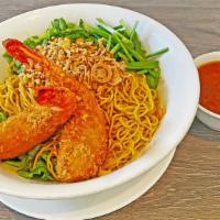 Mì Tôm Đặc Biệt Tây Hồ · Special Egg Noodles with Fried Shrimps.