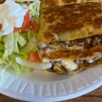  Quesadilla With Meat · Flour tortilla, your choice of meat, Monterey Jack cheese. Served with a small salad include...