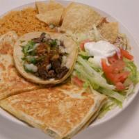 Quesadilla & Taco · Served with rice, beans, and salad.