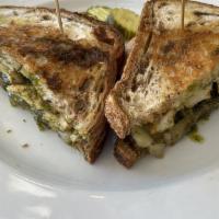 Pesto Chicken · Sauteed mushrooms, onions, and pesto sauce on grilled sourdough with Swiss cheese
