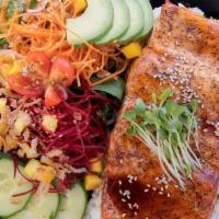 Baked Salmon Teriyaki · baked salmon teriyaki steak, served with a small green house salad & white rice