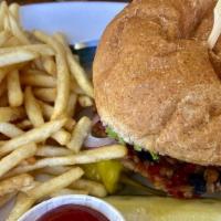 Veggie Burger · House-made vegetable patty, lettuce, tomato, red onion and chipotle aioli on a toasted multi...