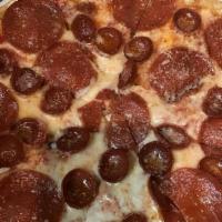 Pepperoni · Two kinds of pepperoni, mozzarella cheese and tomato basil sauce