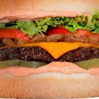 Iconic Burger · Patty choice with American 'cheese,' lettuce, tomato, pickles, grilled onion, and secret sau...