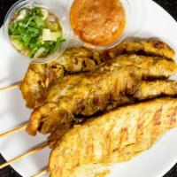Satay (4 Skewers) · Grilled chicken on skewers marinated with Thai herbs and spices. Served with peanut sauce an...