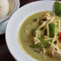 Green Curry · Your choice of meat in coconut green curry sauce with eggplant, bamboo shoots, bell peppers ...