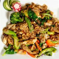 Pad Kee Mao · Pan fried wide rice noodles with egg, roasted chili, carrots, bell peppers, broccoli, Chines...