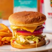 Wimpy Burger Combo · Mayo, ketchup, mustard, pickles, lettuce, raw onions, and tomatoes.
Small fries and drink.