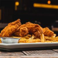 Hand Breaded Fried Chicken Tenders · (five count) Hand breaded chicken and fries, choice of honey mustard, beer barbeque sauce, o...