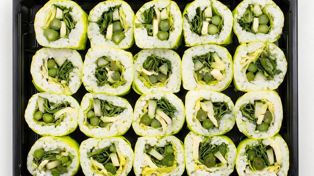 Vegetarian Roll · Cucumber, avocado, arugula, asparagus, and romaine hearts wrapped in green soy paper and rice
