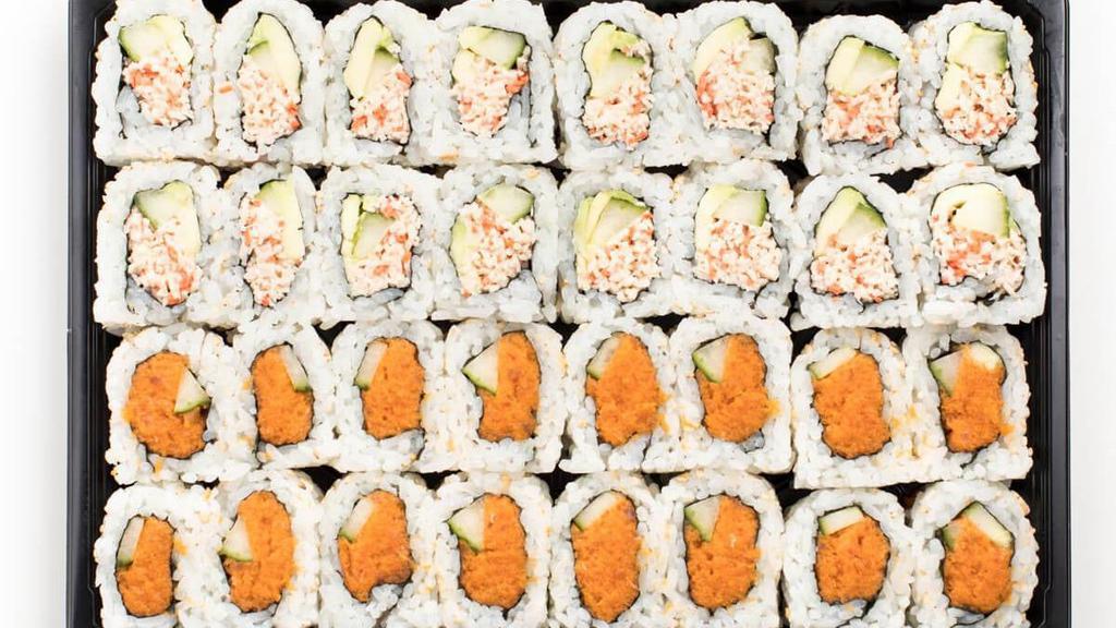 California† & Spicy Tuna Roll · The Classic California Roll†  : Crab† mix, cucumber and avocado rolled in seaweed and rice.  Spicy Tuna Roll : Fresh tuna mixed with spicy mayo sauce, combined with cucumber and rolled in seaweed and rice